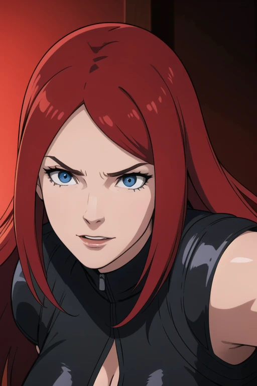 Kushina, long hair, red hair, blue eyes, mature female, large breasts, Female figure in black leather jacket and leotard, red hair flowing, dramatic pose, slightly turned right, center of frame, intense gaze, vibrant red lighting, dark background, dramatic...