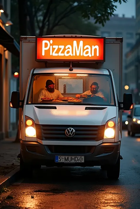 A professional white van from middle cadr to sell pizza and write of it ( PizzaMan-Stefano ) with little light around it and signboard write of it ( PizzaMan-Stefano ) without any person in the picture 