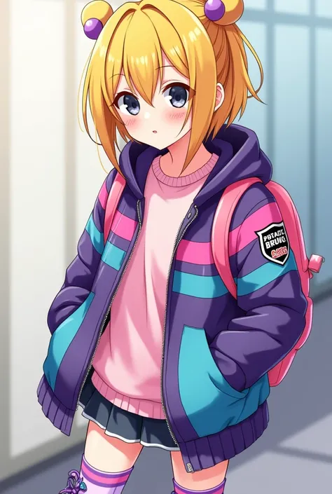  anime adolescent girl with yellow hair and black eyes with a bright pink and purple jacket with cyan stripes,  yellow and magenta  ( the colors CLADE  )  and a light pink t-shirt underneath .  Her jacket has a CLADE patch on the right sleeve .  She also w...