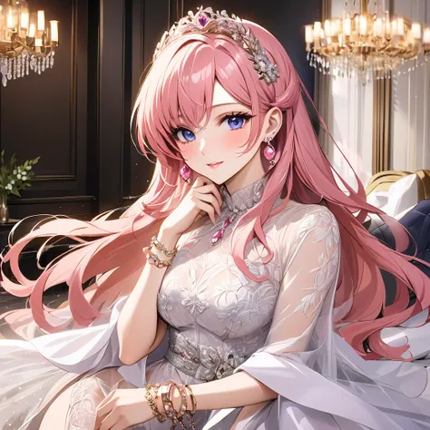 (( top quality )), ((masterpiece)), ( Details), （perfect face）、The pink haired Lux Klein, who became the millionaires wife, is a millionaire lady who wears a luxurious and beautiful see-through dress and see-through cape with white elegance, and wears luxu...