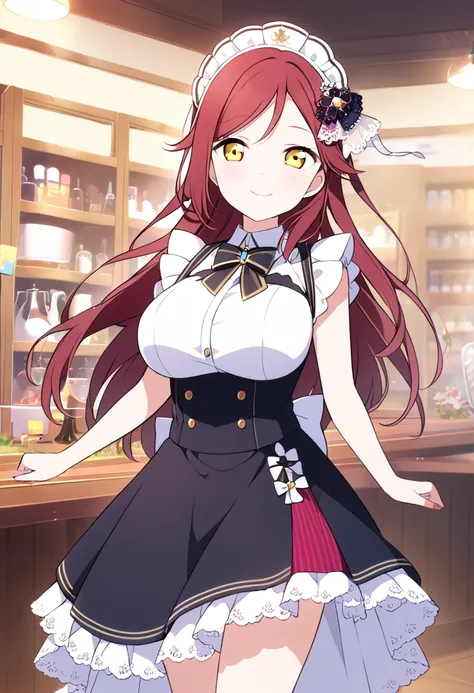  Riko Sakurauchi,  long hair,  hair accessory, ( yellow eyes:1.3), Red Hair,  Big Breasts,  formal dress smile,Alone,cofeshop ,French Maid



