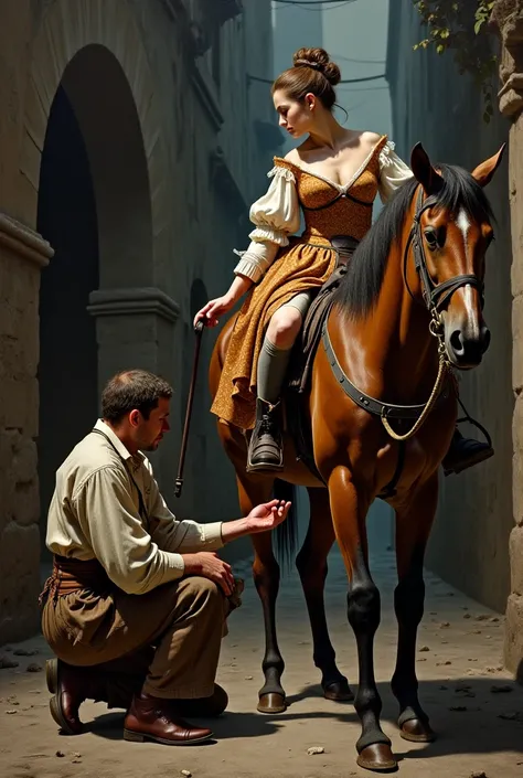 A rich arrogant woman, on a horse, dark beggar touches womans foot