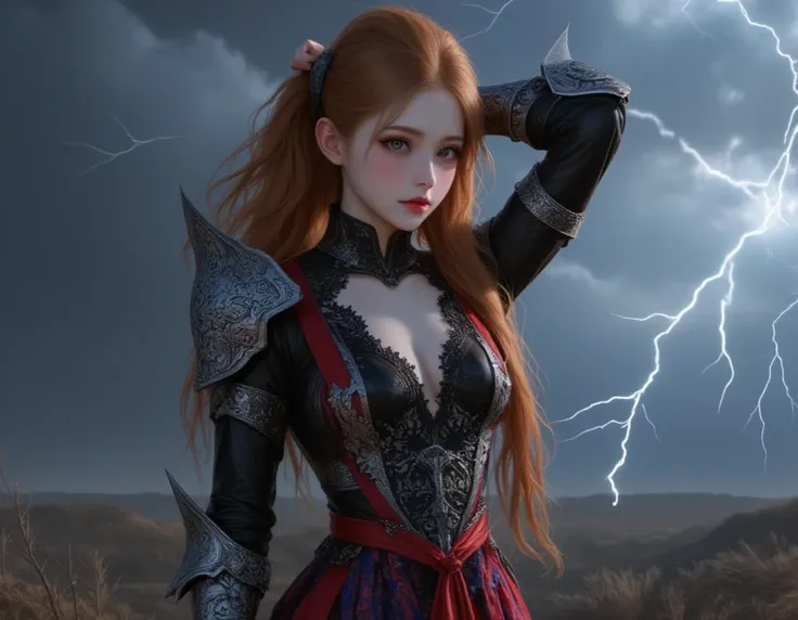 A powerful woman anime character stands confidently in a dramatic, full-body portrait, set against a dark and ominous thunderstorm backdrop, with flashes of lightning illuminating the sky. She wears a traditional Italian-inspired miniskirt, pleated and kne...