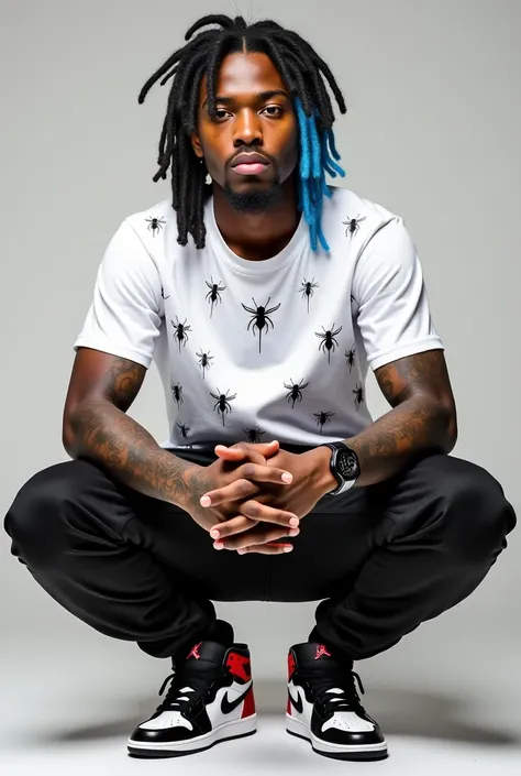 black man, , dreadlocks on one side black and on the other side blue at chin height, eyes with heterochromia,  white t-shirt with insect designs ,  black sweatpants, Tattoos Samonas ,  Air Jordan sneakers 1 