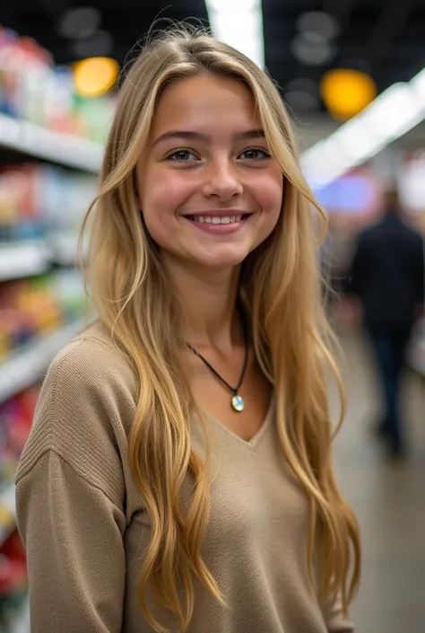 photo of a young blonde girl, early 20s, with long blonde hair, wearing a wool sweater, buying groceries in a crowded supermarket, happy face, necklace, slightly smiling, (masterpiece, best quality, high quality), hyperdetailed, highres, intricate detail, ...