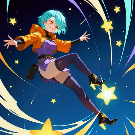 1girl, solo, full body, (best quality), 8k, masterpiece, aqua hair, short hair, braided bangs hairstyle, calm, relax, BREAK, orange eyes, smiling face, BREAK, medium breasts, BREAK, star-themed tunic with layers of glittery blue and purple fabric, BREAK, m...