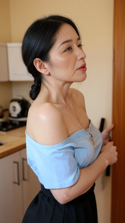 (a masterpiece portrait of a woman with ultra detailed features, in 8K resolution, with crisp quality and vibrant colors), woman, 65 years old、(  Wrinkled Face  :1.1)、black、 日本の成熟したwoman、black髪、Hair tied back、 tousled hair、 tired expression 、 off-shoulder ...