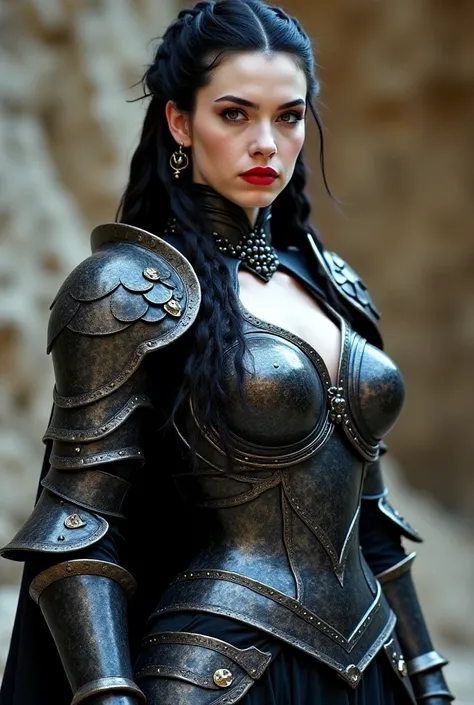 Female twilight cleric wearing scale mail armor that is shimmering black and silver, her lips are red and her skin is a pale alabaster, her hips are wide and her breasts are supple, hair is black and braided scalemail is made with several layers of overlap...