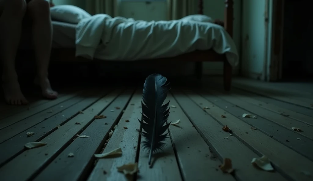 First-person view from the edge of a messy bed. The dimly lit room is visible in the background, with peeling wallpaper and scattered debris on the floor. The focus is on a single large, black feather lying on the worn wooden floorboards in front of the be...