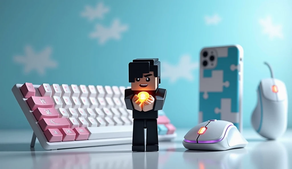 "Create an image featuring a gaming-themed aesthetic with a Minecraft character at the center. The character has dark hair and wears black clothing, holding an item resembling a glowing loaf of bread or an enchanted object. In the background, place a minim...