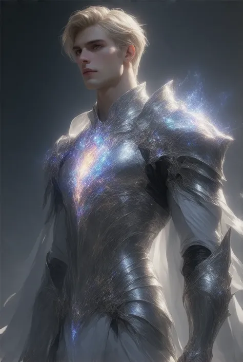 young blond man wearing shiny silver armor with many colors showing his full body muscles, with a beautiful and magical jewel on her chest, fantasy, futurist, aesthetic, magical