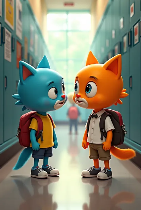 Generate an image of Gumball and Darwin from The Incredible World of Gumball as if they were boys, Have them in a school 