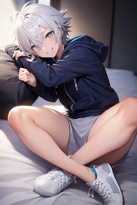 (( top quality )), ((masterpiece)), (  Details),  1 Boy , Women,  short hair, White Hair,  tousled hair, Bedhead,  zitoida, Narrow eyes, There is a dark line under the eye, blue and black jacket,  wear a hood,  white shirt,  black jersey ,  sneakers,  craz...