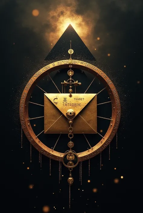 In the middle of the dark space , , a golden envelope with numbers and signs surrounded by two rotating rings, above the copper and the rings, there is a black pyramid with one eye and it sweeps everything you see 