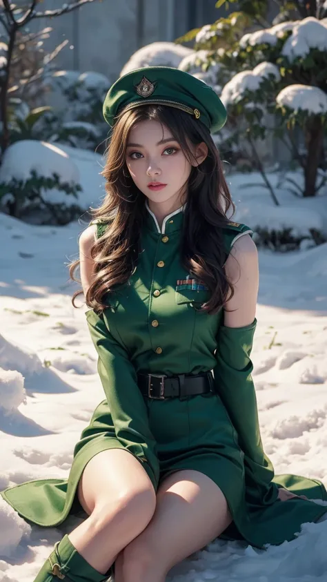 8k, ultra hd, masterpiece, 1 girl, ((innocent face)), very long hair, detailed eyes, ((military outfit)), ((green outfit:1.5)), ((belt)), ((bare arms)), military hat, in the battlefield, ((bloom)), winter season, ((snow falling)), ray tracing, cinematic po...