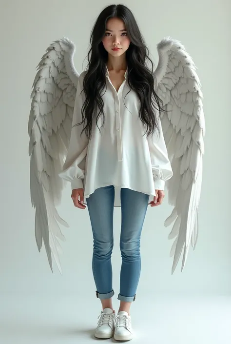 A teenage girl with brown eyes, fair skin, long black and wavy hair dressed in white clothing, wears jeans and white sneakers with slightly large, round wings, white and with light gray details.