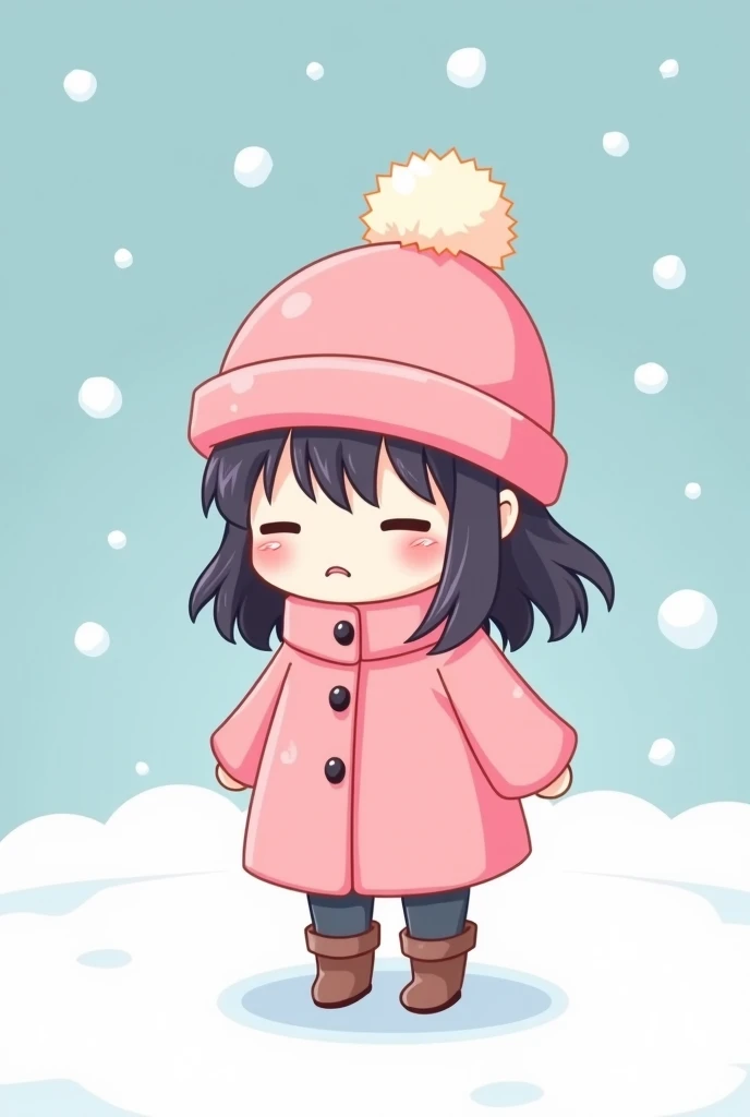 cartoon girl in a pink hat and pink coat with eyes closed, a pastel inspired by Puru, tumblr, mingei, [[[[grinning evily]]]], yume nikki, cel shaded!!!, cartoonish cute, chilly, seasons!! : 🌸 ☀ 🍂 ❄, its wearing a cute little hat, only snow i the background