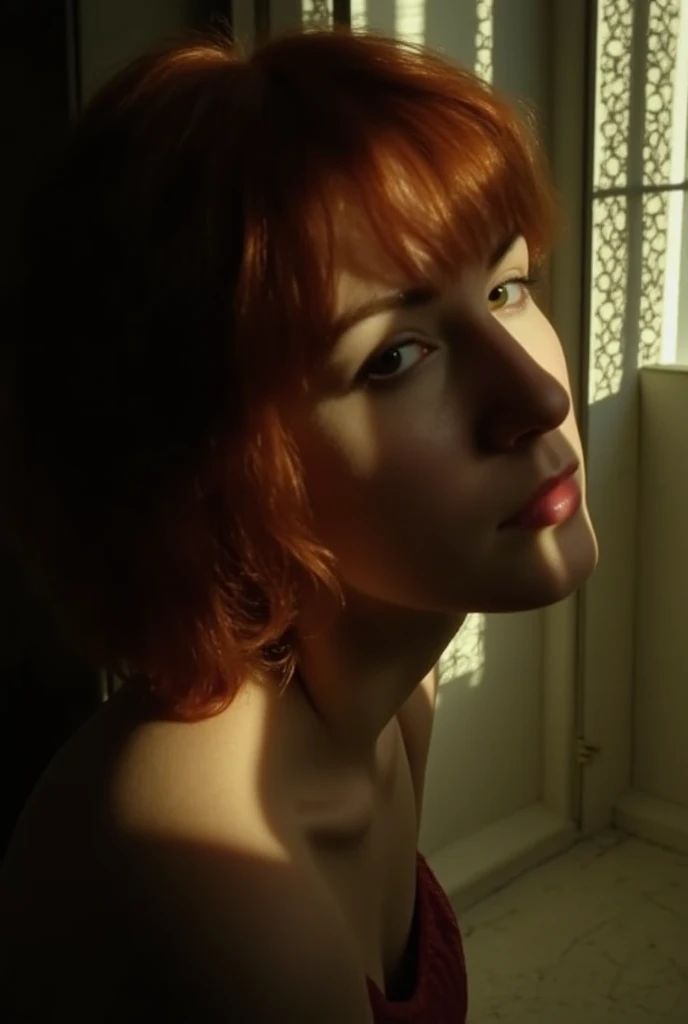 Phenomenal photographic portrait in the ruins. , canon 3.5mm, f1.6, of an average, red hair woman about looking into the camera..  sunlight enters the room and illuminates the right side of her face. The light is found, low key, set to a wide F1.5 aperture...