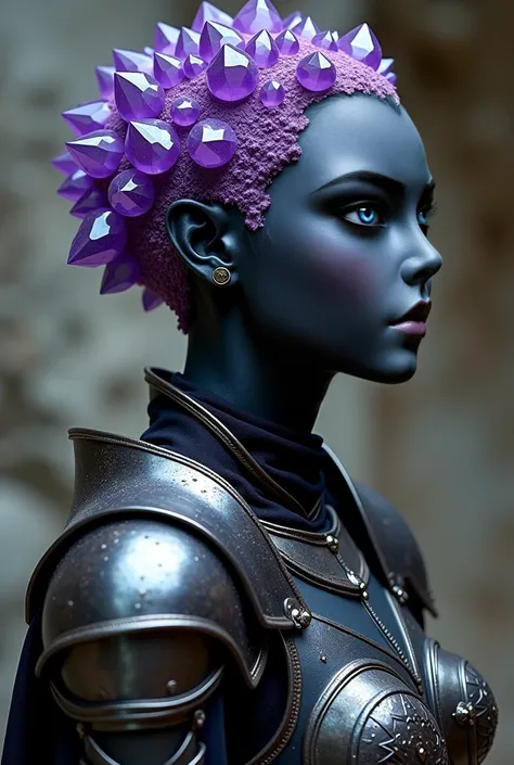 Please generate a portrait of a female earth genasi for D&D. She should have dark, charcoal stone-colored skin with glittering sparkles like gem dust. She should have lines marking her skin like cracks, showing glimmering gem-like veins and a faint glow. H...