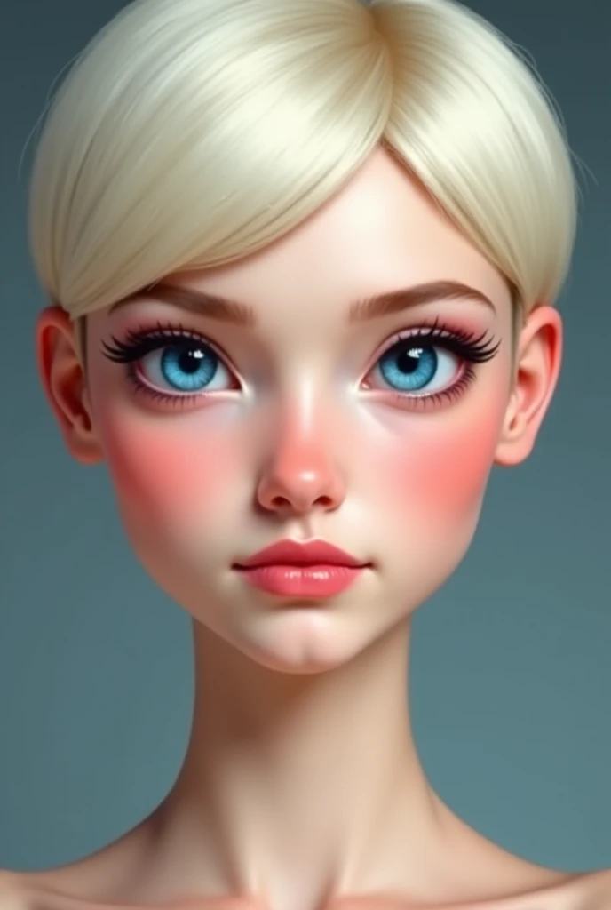  Young woman with short platinum hair ,  intense blue eyes , Thin, straight nose , fleshy pink mouth and rosy cheeks .  Her face is oval and her features are angelic .  Her facial expression is serene but her eyes are expressive. 