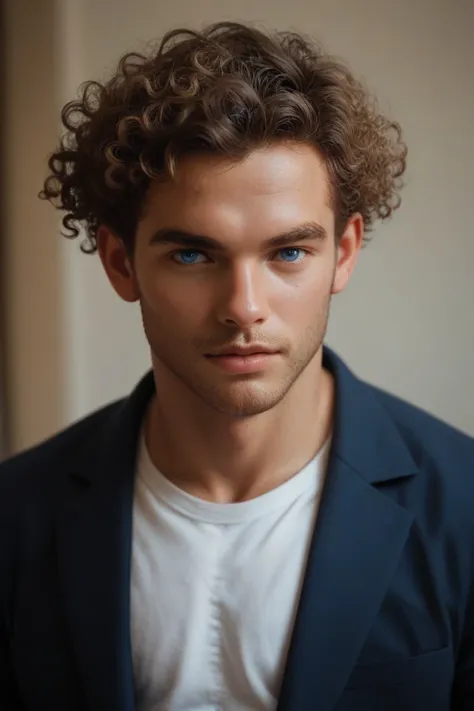 Make a 17-year-old handsome young man with blue eyes and unkempt curly hair