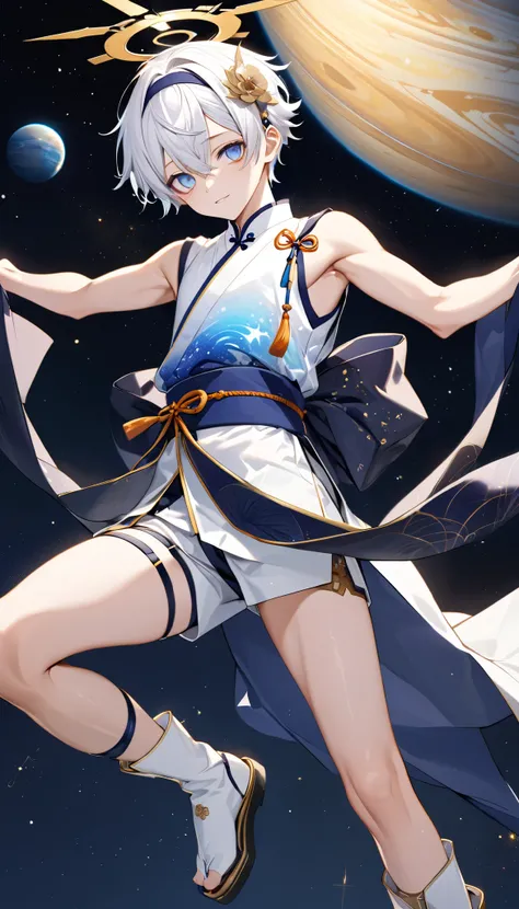 Fresh illustration,
Ultra-fine drawing,
Very delicate illustration,
Very fine details,
Only one boy,
Full body,
Standing motionless,
Arms slightly spread,
Height 158cm,
Fair skin,
Right eye purple,
Left eye blue,
Odd eyes,
Heterochromie iris,
Beautiful eye...