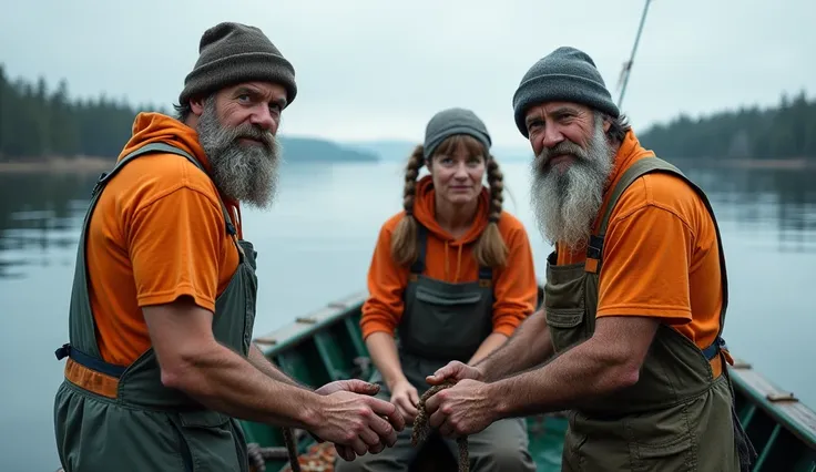 Place:  In the cold Labrador Lake Canada . time: Tomorrow.  characters: 2 men with beards and a woman with pigtails fishermen,  orange t-shirt and fishermans hat. action:  prepare their boat to go 