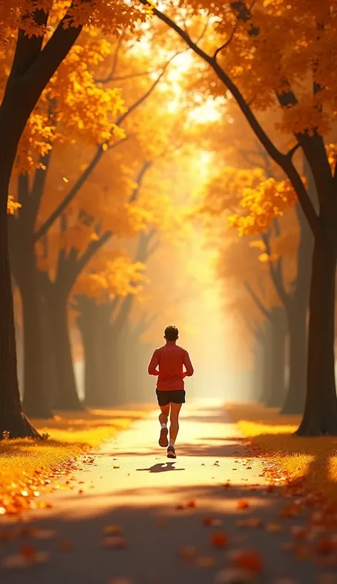  Disney Pixar style wide shot of a jogger running into the distance on a winding park path, framed by golden trees. The scene is set in a beautiful autumn park. The subject is placed center frame, growing smaller as they run away and is in full stride, wit...