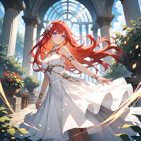 ultra quality, masterpiece, 1woman, a fiery red-haired woman with long, flowing hair and glowing silver eyes, wearing an open-back white dress, gracefully dancing amidst swirling flames in a garden reduced to ashes; the charred remains of trees and scorche...