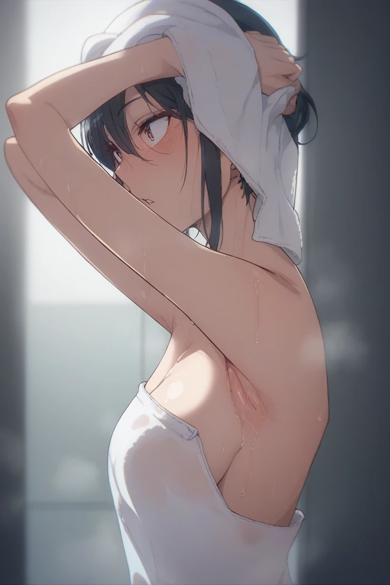 ヨルフォージャー、nsfw,side view 1girl,looking away, (fisheye distorted lens:1.2), naked towel, in bath dressing room,steam fog,sweat,wet,armpits,
from above