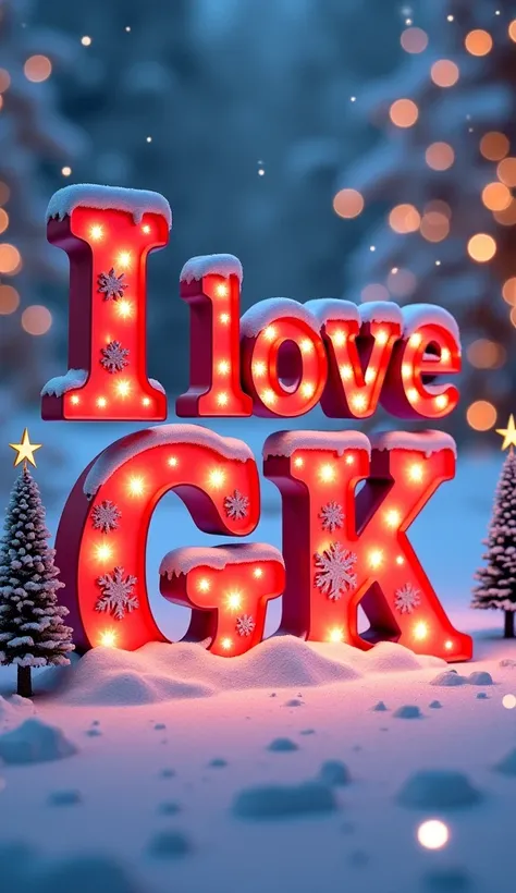 A 3D render of a photo with large, multiple-red, white, and black text that says "I Love GK". Each letter is artistically decorated with snowflakes, a candy cottage, and a snow fall. The heaven of garden background reveals a picturesque snow-covered landsc...