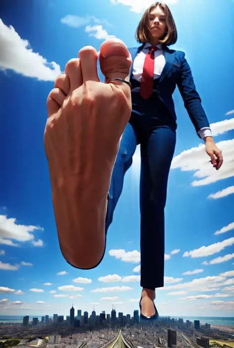 view from outer space of an approaching young giga giantess, Giantess art, 500 miles tall giga giantess, young sophisticated and stylish woman in a blue italian pinstriped trouser suit, form fitting crisp office shirt, and a large wide light blue necktie i...