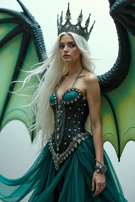 An angel woman with long white hair, dressed in a dress in black, silver, turquoise and fluorescent green colors, who wears a finely chiselled crown that flies in duo with a huge dragon with spread wings. 