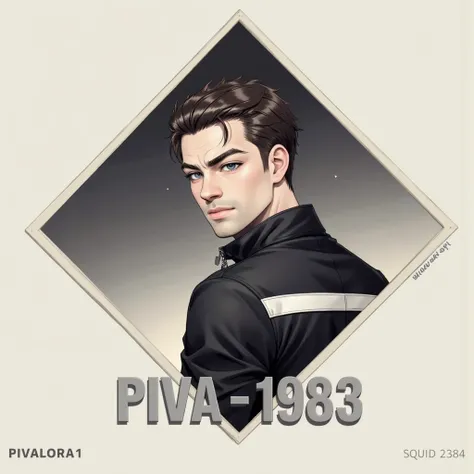 IMG_2384.CR2: ((Portrait in a diamond-shaped frame)), featuring "Pivalora1" as the central character for a Squid Game-inspired concept. The character is depicted looking over his shoulder with a serious expression. He has short, styled hair and wears a dar...