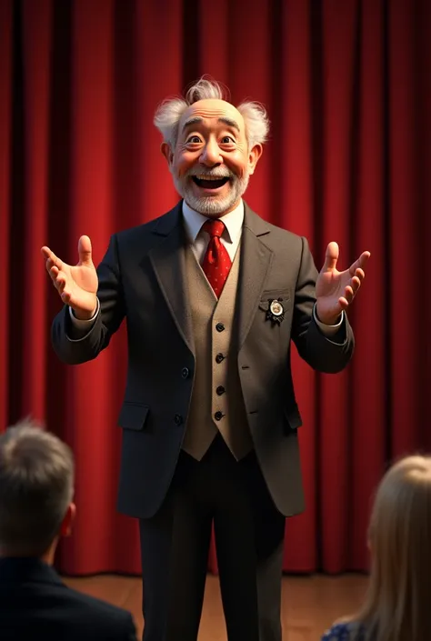 A grandfather telling jokes on a stage
