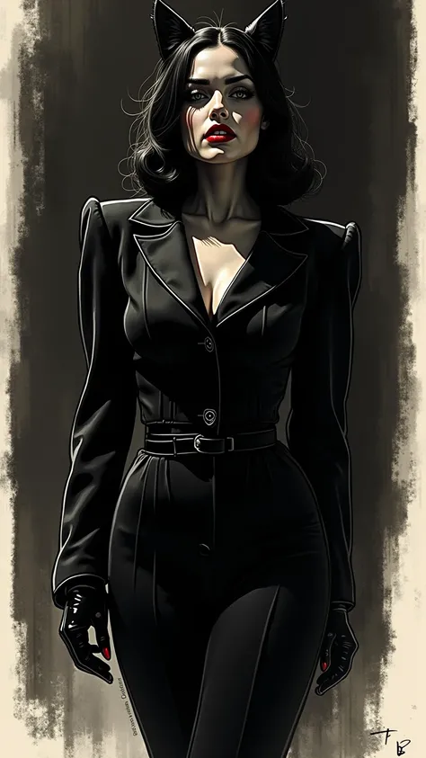 Create a film noir-inspired ink sketch in vector style, featuring a stunning modest fully clothed cat woman realistic figure with striking red lips. The artwork should be highly detailed with clear focus and super sharp lines. Emphasize a monochrome palett...