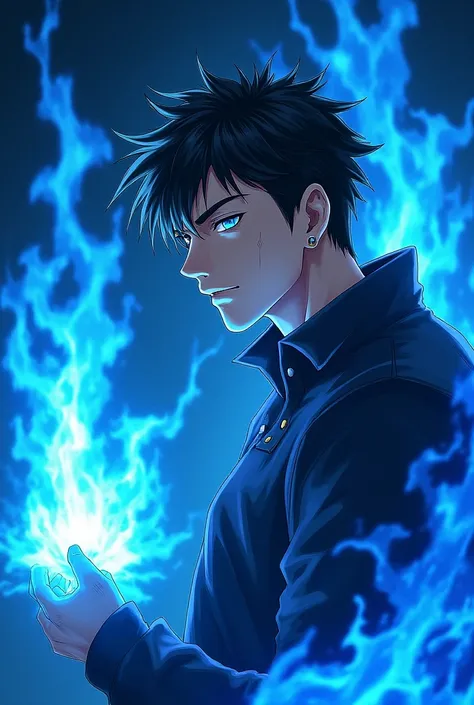 Handsome Men With Black Hairs And Blue Eyes Releasing Blue Flames Full Body Anime Style 