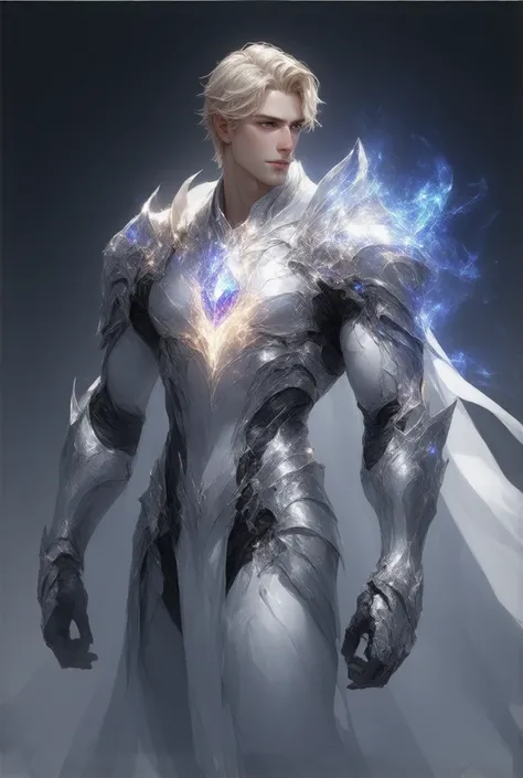 young blond man wearing shiny silver armor with many colors showing his full body muscles, with a beautiful and magical jewel on her chest, fantasy, futurist, aesthetic, magical
