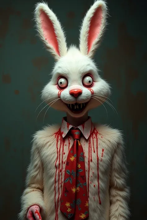  Generate for me the image of a very tall man wears a fuzzy costume like a rabbit with a fluffy color covered in blood everywhere , He has a beautiful multicolored tie , em seu rosto uma máscara de um coelho 🐰 branca é sorridente porém de forma estranha e ...