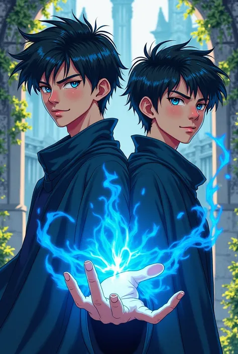 Handsome Men With Black Hairs And Blue Eyes Fair Colour Smirk And Releasing Blue Flames On His Hands Alone In Magic Academy Anime Style 