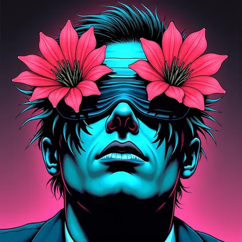 A comic book cover featuring a blind man who has carnivorous flowers coming out of his sockets neon collor full