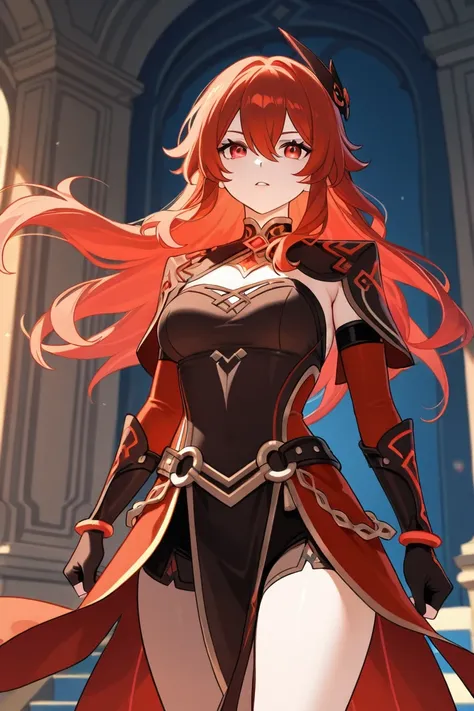 No,  she has red hair red eyes , fighting clothes ,  similar to the clothes of characters from Fontaine from Genshin. red eyes and her hair glows redder . She has more beautifully detailed clothes and darker red hair. She is a very pretty  girl and her ban...