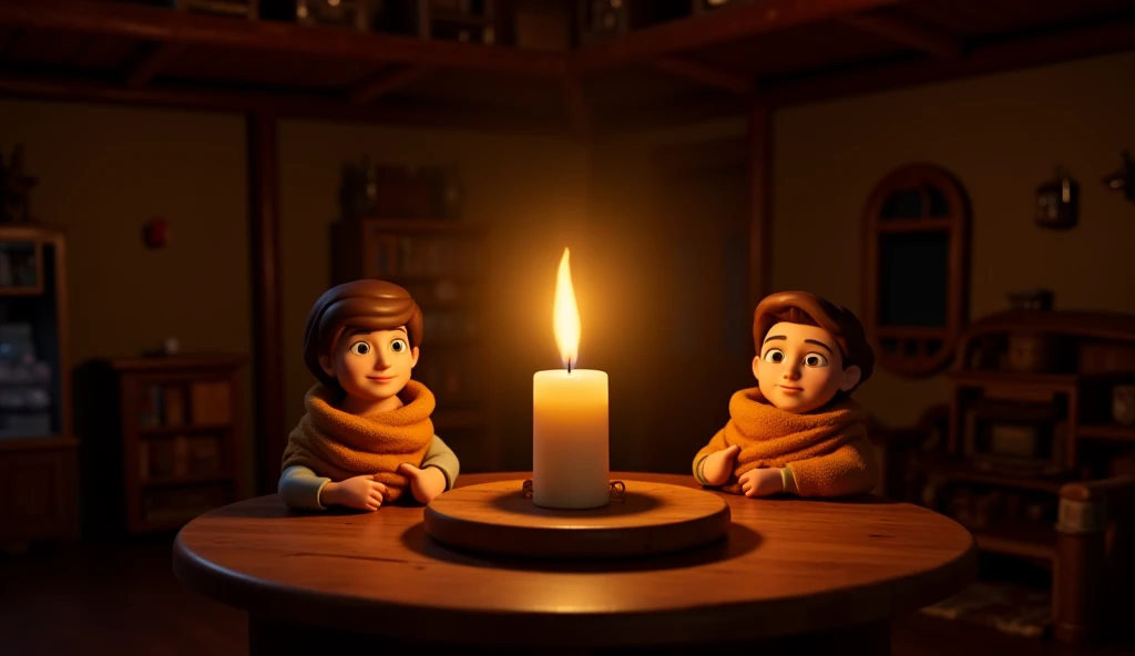 The Magical Candle Flame
Inside a rustic, warm cottage, a glowing magical candle burns brightly on a wooden table. Its golden light fills the room, creating an ethereal, comforting glow. Mira and the stranger sit nearby, wrapped in blankets, their faces li...