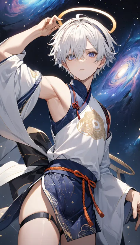 Fresh illustration,
Ultra-fine drawing,
Very delicate illustration,
Very fine details,
Only one boy,
Full body,
Standing motionless,
Arms slightly spread,
Height 158cm,
Fair skin,
Right eye purple,
Left eye blue,
Odd eyes,
Heterochromie iris,
Beautiful eye...