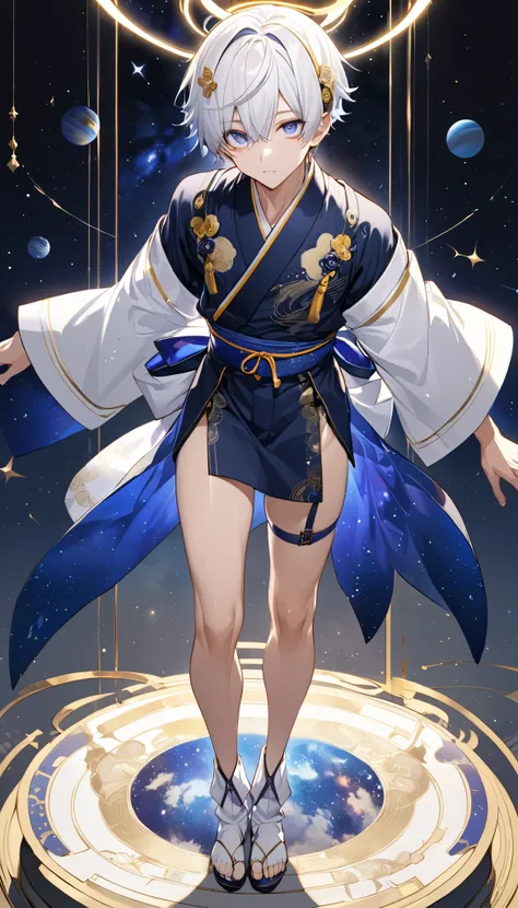 Fresh illustration,
Ultra-fine drawing,
Very delicate illustration,
Very fine details,
Only one boy,
Full body,
Standing motionless,
Arms slightly spread,
Height 158cm,
Fair skin,
Right eye purple,
Left eye blue,
Odd eyes,
Heterochromie iris,
Beautiful eye...