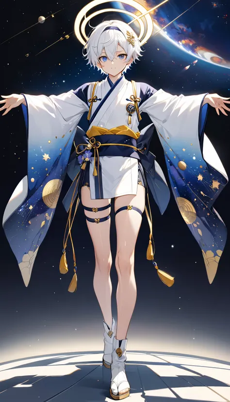 Fresh illustration,
Ultra-fine drawing,
Very delicate illustration,
Very fine details,
Only one boy,
Full body,
Standing motionless,
Arms slightly spread,
Height 158cm,
Fair skin,
Right eye purple,
Left eye blue,
Odd eyes,
Heterochromie iris,
Beautiful eye...