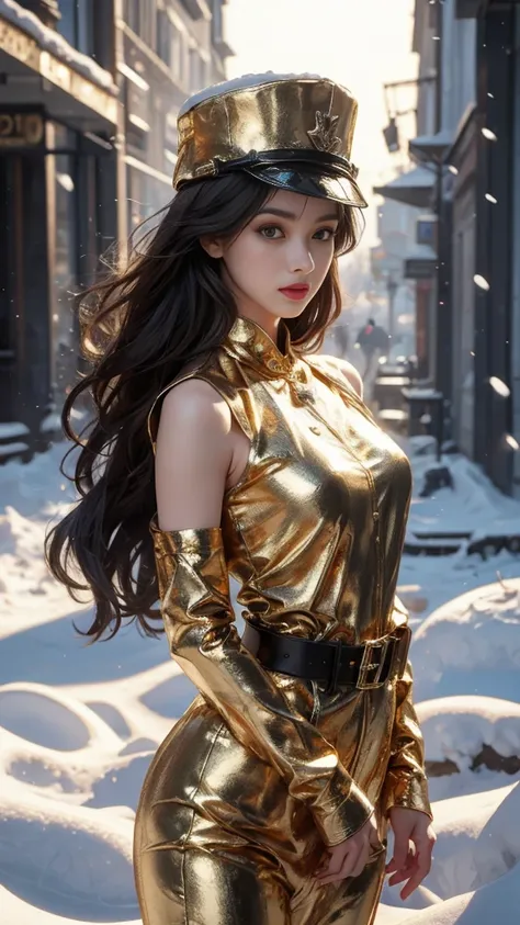 8k, ultra hd, masterpiece, 1 girl, ((innocent face)), very long hair, detailed eyes, ((military outfit)), ((golden outfit:1.5)), ((belt)), ((bare arms)), military hat, in the battlefield, ((bloom)), winter season, ((snow falling)), ray tracing, cinematic p...