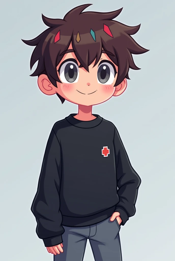 I want you to create a character: a boy in the shape of a cartoon who has a medium-dark brown hair, a half-pink face and a more pastel skin tone with light eyes, half gray, a black sweatshirt with a small detail, almost like a red pixel and another in blue...