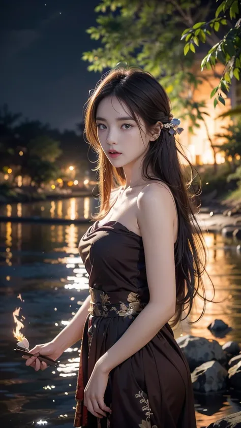 1 girl, 19 years old, ((city in Vietnam)), dark brown hair, purple eyes, hair ornament, A dramatic scene of a woman burning a letter by a riverside at night. She stands near the edge, illuminated by the golden glow of the flames, while the river reflects t...