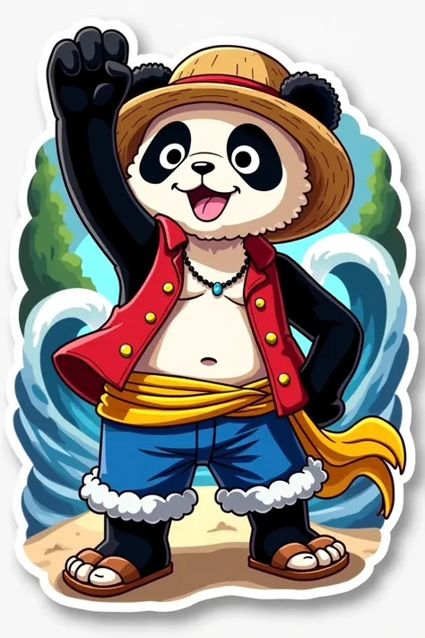 Sticker Panda cosplay baju luffy angkat satu tangan
